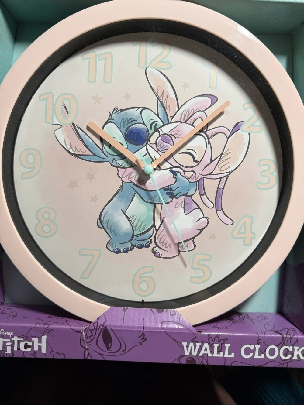 Disney Pastel Pink and Blue Stitch and Angel Hug Wall Clock *NWT